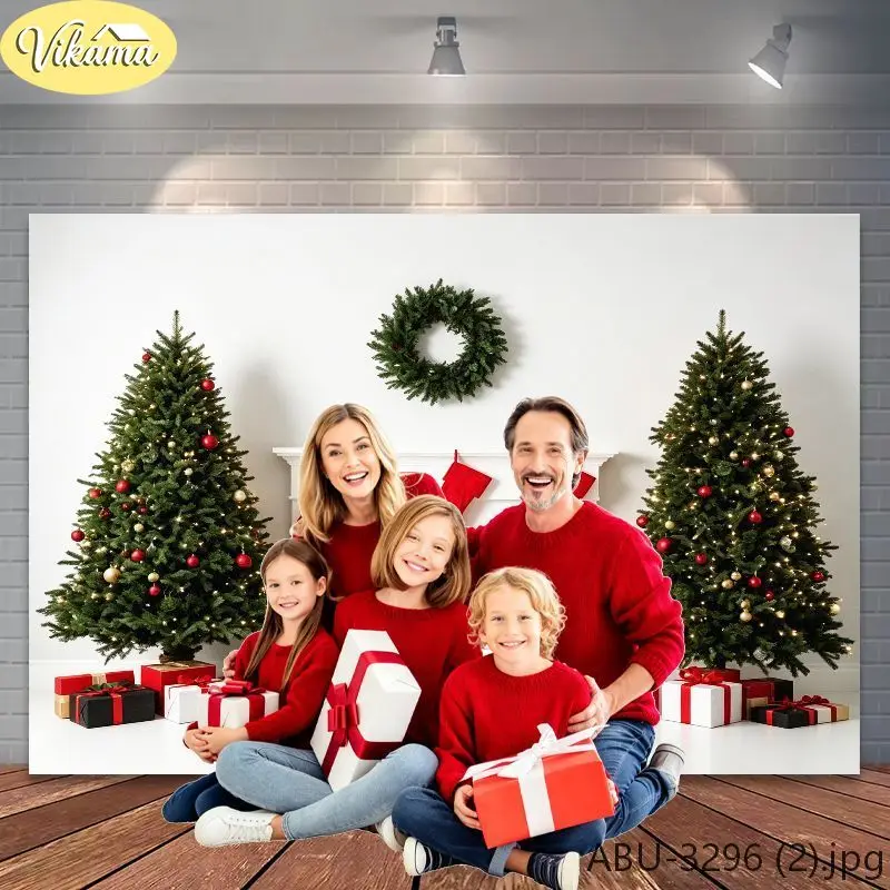 VIKAMA Christmas Photo Backdrop Pure White Minimal Green Tree Plain Wreath Photography Background for Family Holiday Party