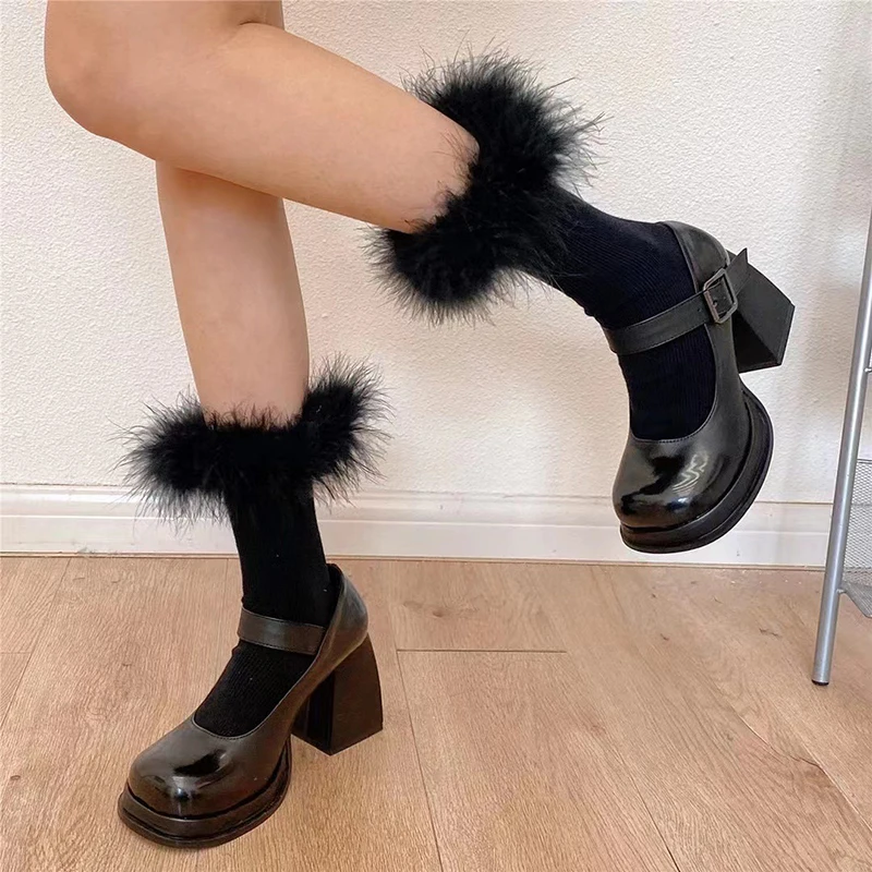 Spring Summer Spice Girls Ins Hip And Cool Feather Stacking Socks Girls Fluffy Hair Mid-Calf Cotton Socks Festive Dress Up Socks