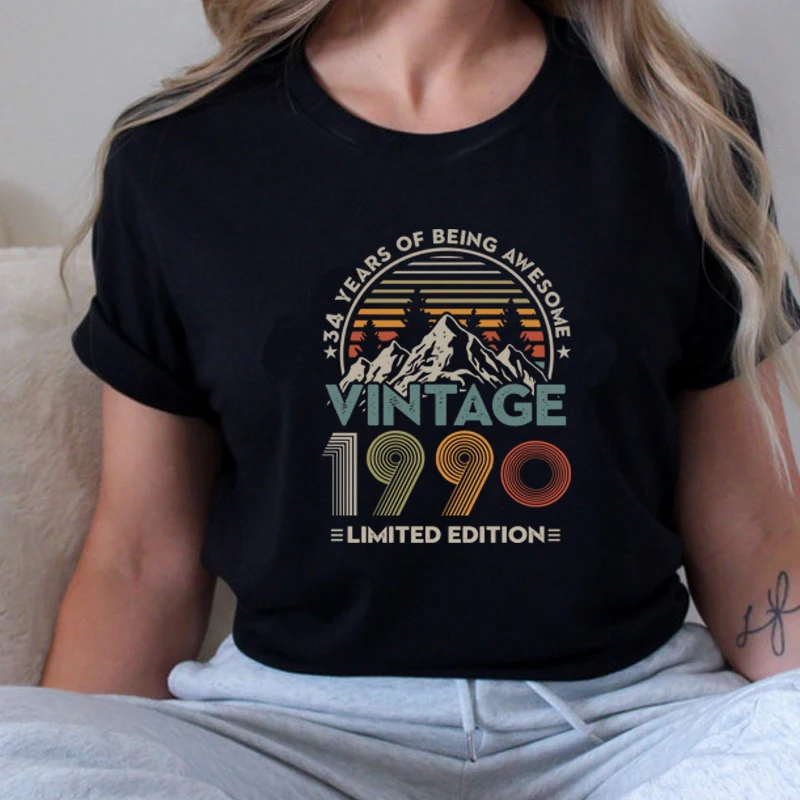 34 Years of Being Awesome Vintage 1990 Limited Edition Women T Shirt Cotton Retro 34th Old Birthday Clothes Mountains Top Tshirt