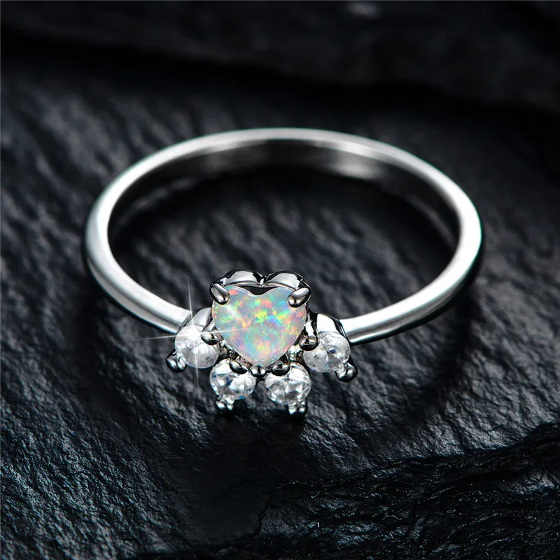 Cute Female Small White Fire Opal Stone Ring Fashion Heart Wedding Jewelry For Women