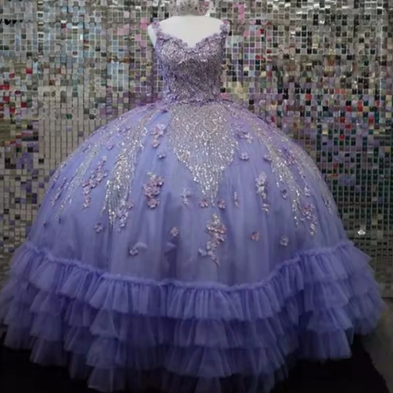 

A1516 Luxury Lavender Sweet 16 Dresses Birthday Party Sequined Applique Corset Puffy Women Prom Quinceanera 15 16 14 Customized