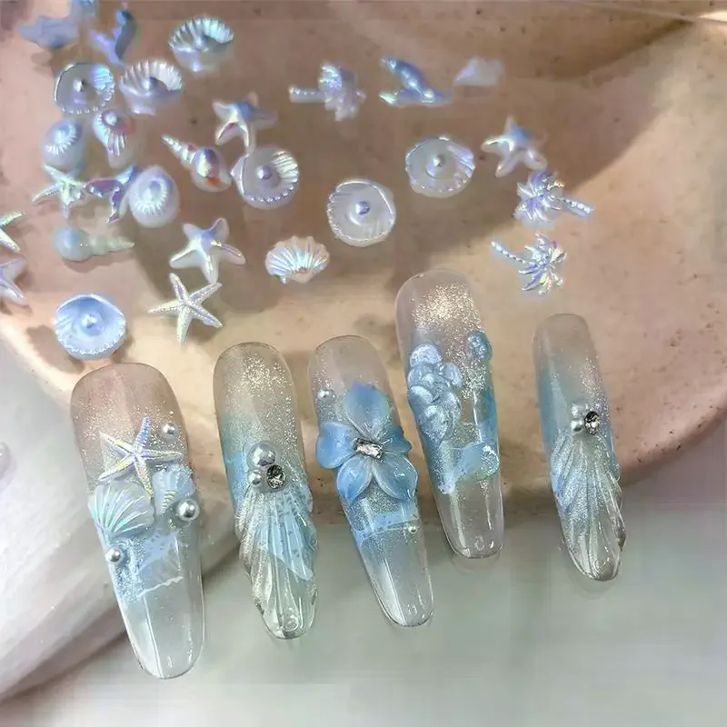 50Pcs Ocean Nail Art Charms Aurora Shell Starfish Mermaid Tail Nail Art Decors Gem Beach Rhinestone Ice Clear Nail Decorations