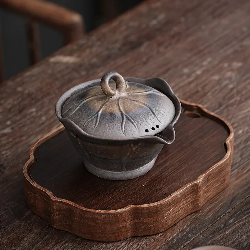 Lotus Leaf Hand-Held Pot Old Rock Mud Gilt Iron Glaze Kung Fu Tea Set Handmade Coarse Pottery Teapot Tea Bowl Ceramic Gaiwan