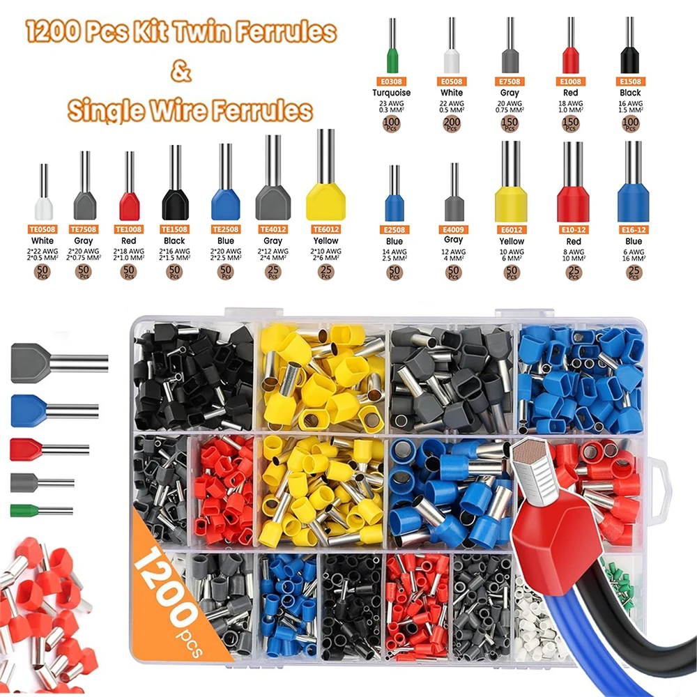 

1200 шт. набор одинарных и двойных наконечников, двухпроводной наконечник, соединители с двойным цилиндрическим наконечником, наконечники для проводов, контакты AWG 6-23