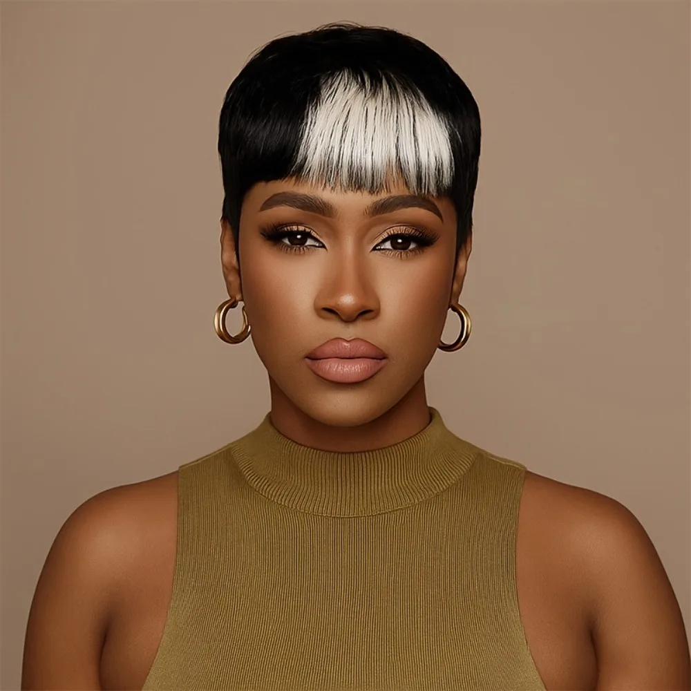 شعر مستعار قصير بقص عابث، شعر بشري مستقيم الطبقات، 1B/60 لون مختلط، مصنوع آليًا بالكامل، سهل الارتداء