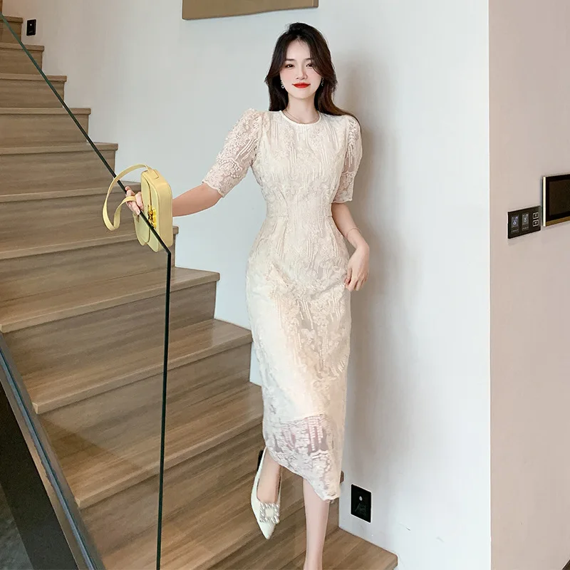 

Lace Dress for Women Summer Bubble Sleeve Mid Length Dresses French Style Spring
