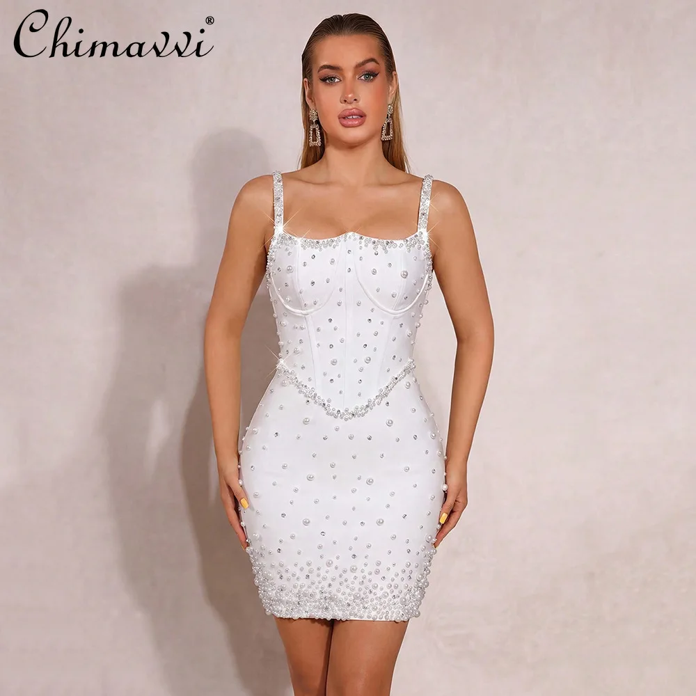 

American Elegant Fashion Pearl Bead Square Neck Sleeveless High Waist Bodycon Bandage Short Dress Women Sexy White Party Dresses