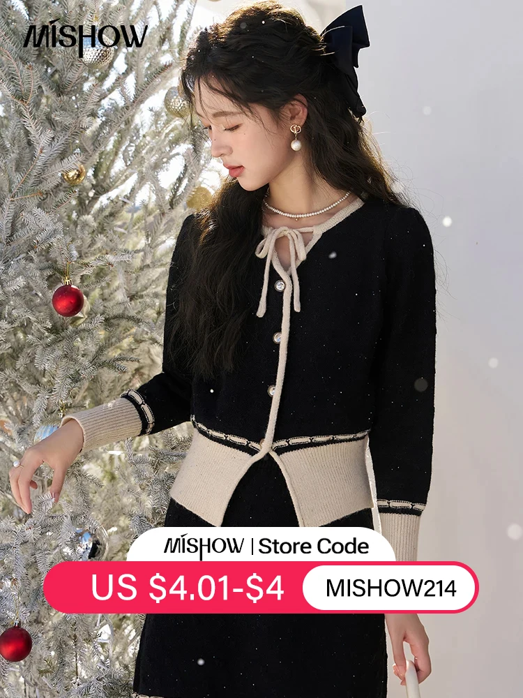 

MISHOW 2023 French Mini Skirt Sets Women Autumn Winter Knitted Cardigan Top Skirts Two Piece Set Gentle Temperament MXC56T0190