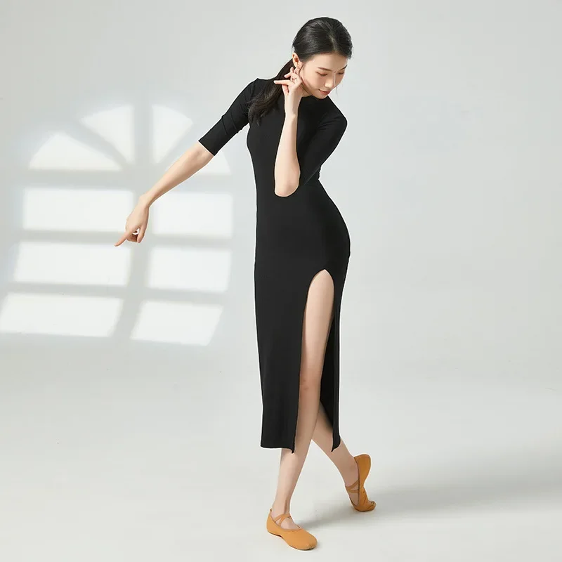 Vestido largo de salón para mujer, ropa de baile latino para práctica de Vals, traje moderno Sexy con abertura lateral, vestido de baile delgado de punto