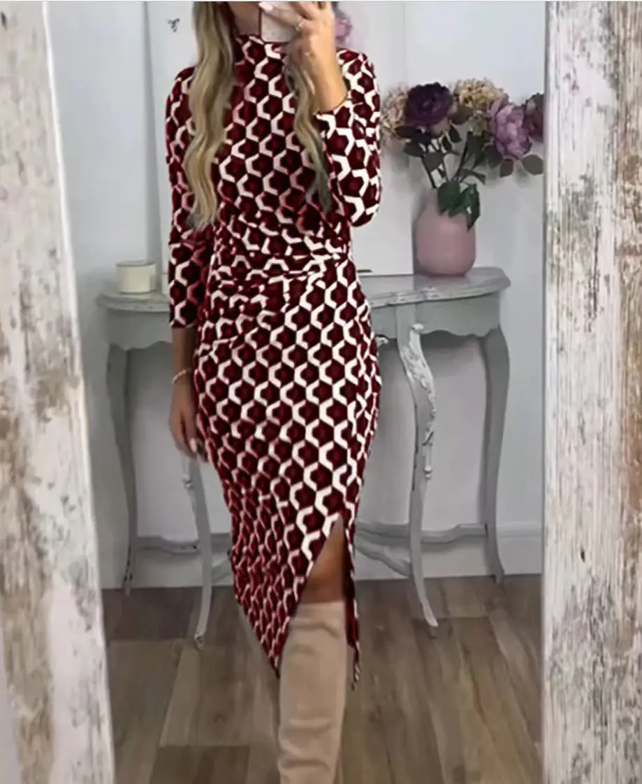 2023 Autumn and Winter New European and American Fashion Printed Slit Round Neck Long Sleeve Dress for Casual Women\'s Dresses