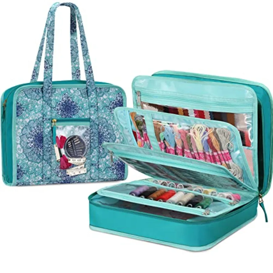 

Sewing and Craft Supplies Storage Tote, Large Capacity Travel Packing Organizer Bag with Clear Pockets and Handle for Knitting,
