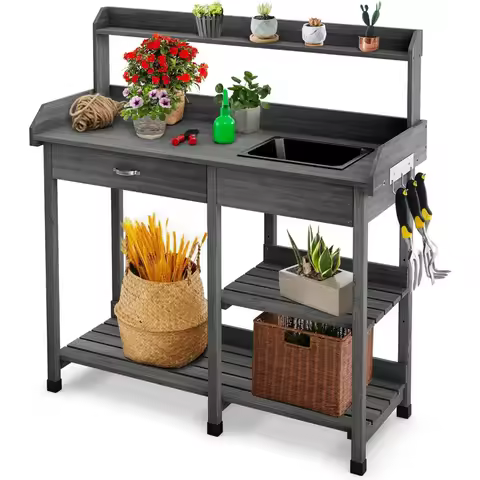 Potting Bench Table Patio Outdoor Garden Work Station Planting Shelf Sink Drawer Solid Wood Construction, Deck, Balcony