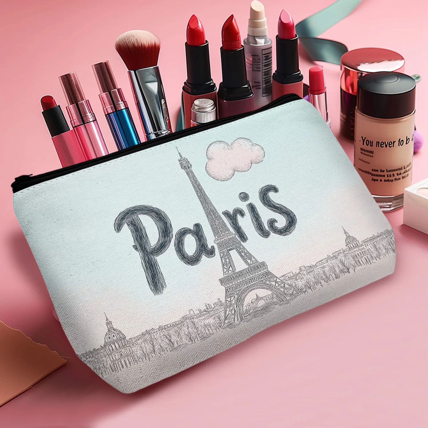 1Pc Castle Paris Popular Cosmetic Bag Durable And Stylish Portable Women'S Cosmetic Bag With Zipper Suitable For Giving To