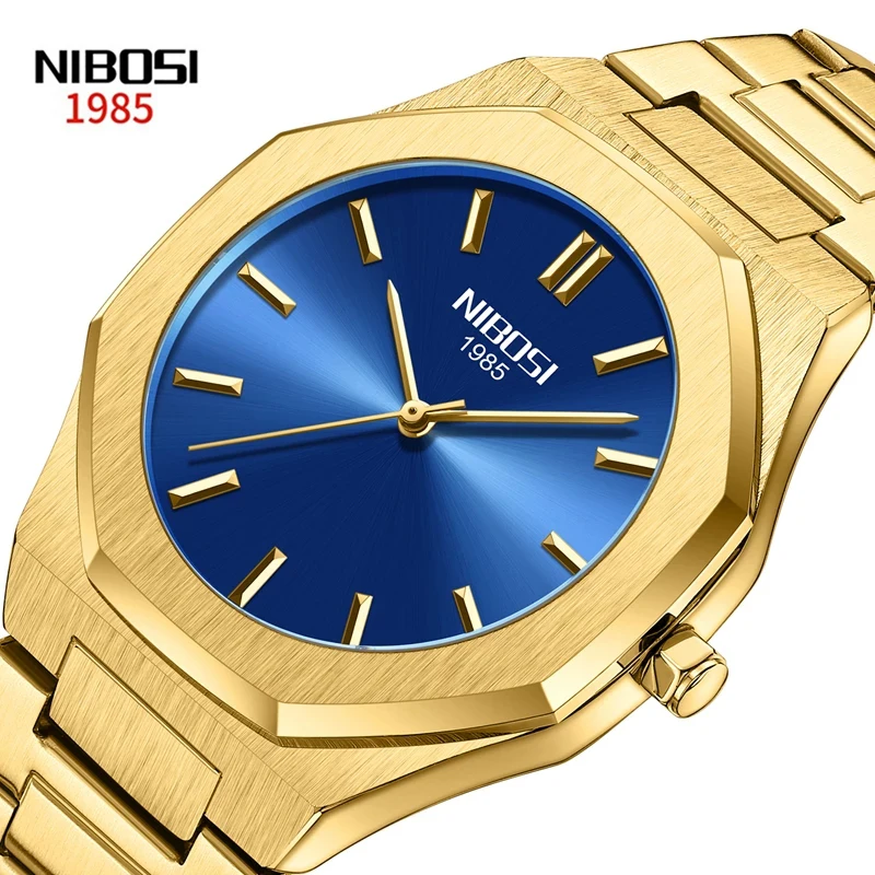 Nibosi relógio masculino de quartzo com pulseira de aço inoxidável, impermeável, luminosa, marca de luxo, moda, ouro e azul