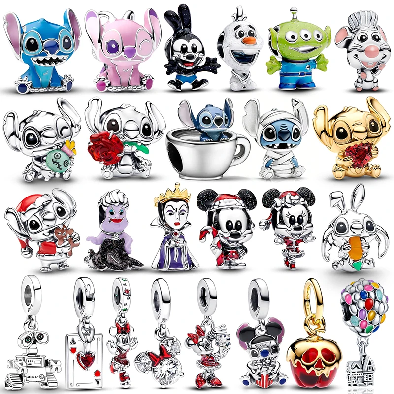 Abalorios de plata de ley Disney Stitch Mickey y Minnie, cuentas colgantes compatibles con pulsera y collar de 3mm para mujer, joyería fina de lujo DIY
