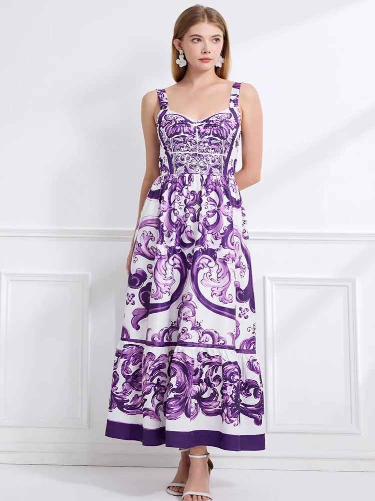 Vestido largo de diseñador de moda de verano para mujer, vestido Sexy con tirantes finos y estampado de porcelana azul y blanca, vestido informal para vacaciones