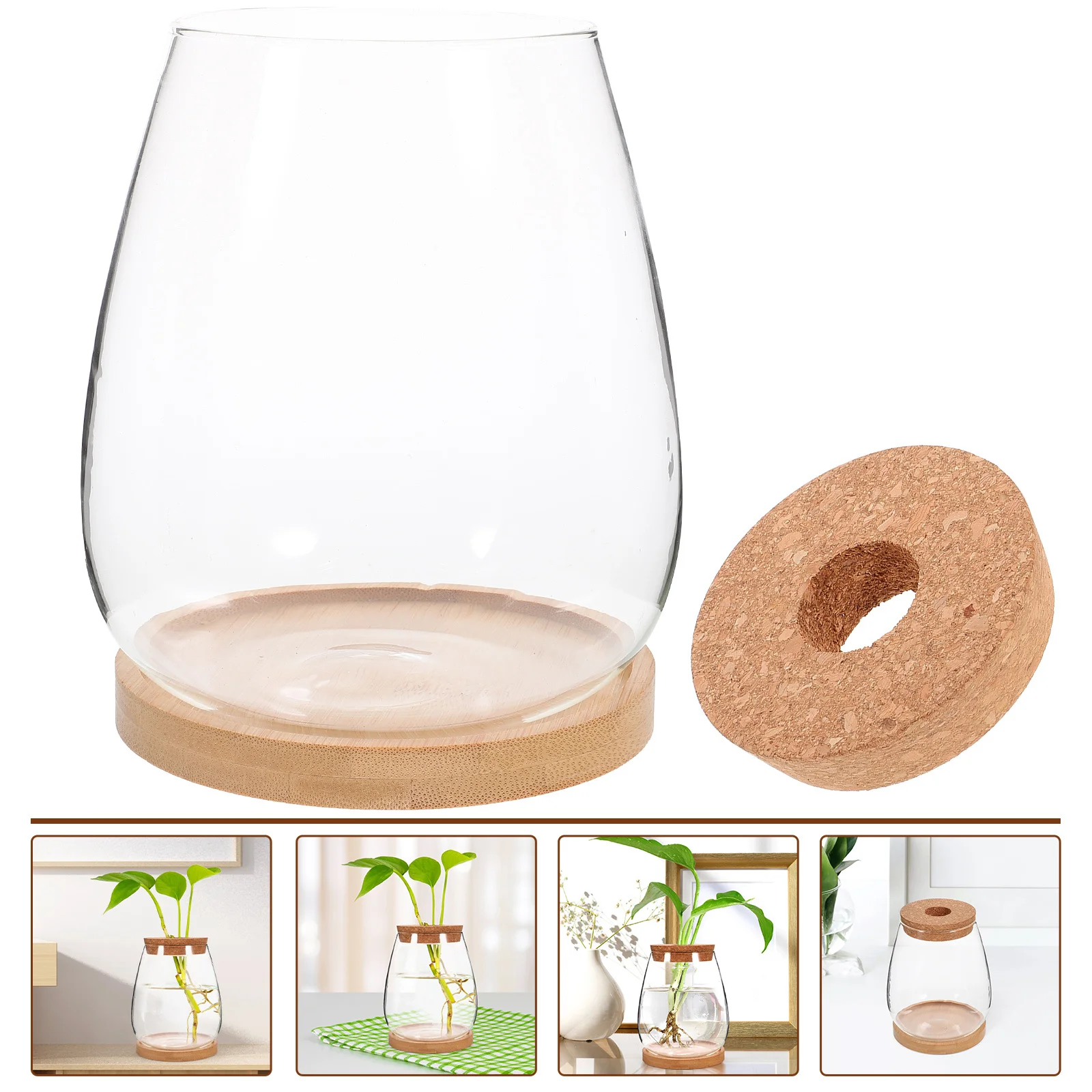 

1Set Glass Flower Vase Transparent Flower Holder Bamboo Tray Creative Terrarium Jar for Home Garden Propagation Jars