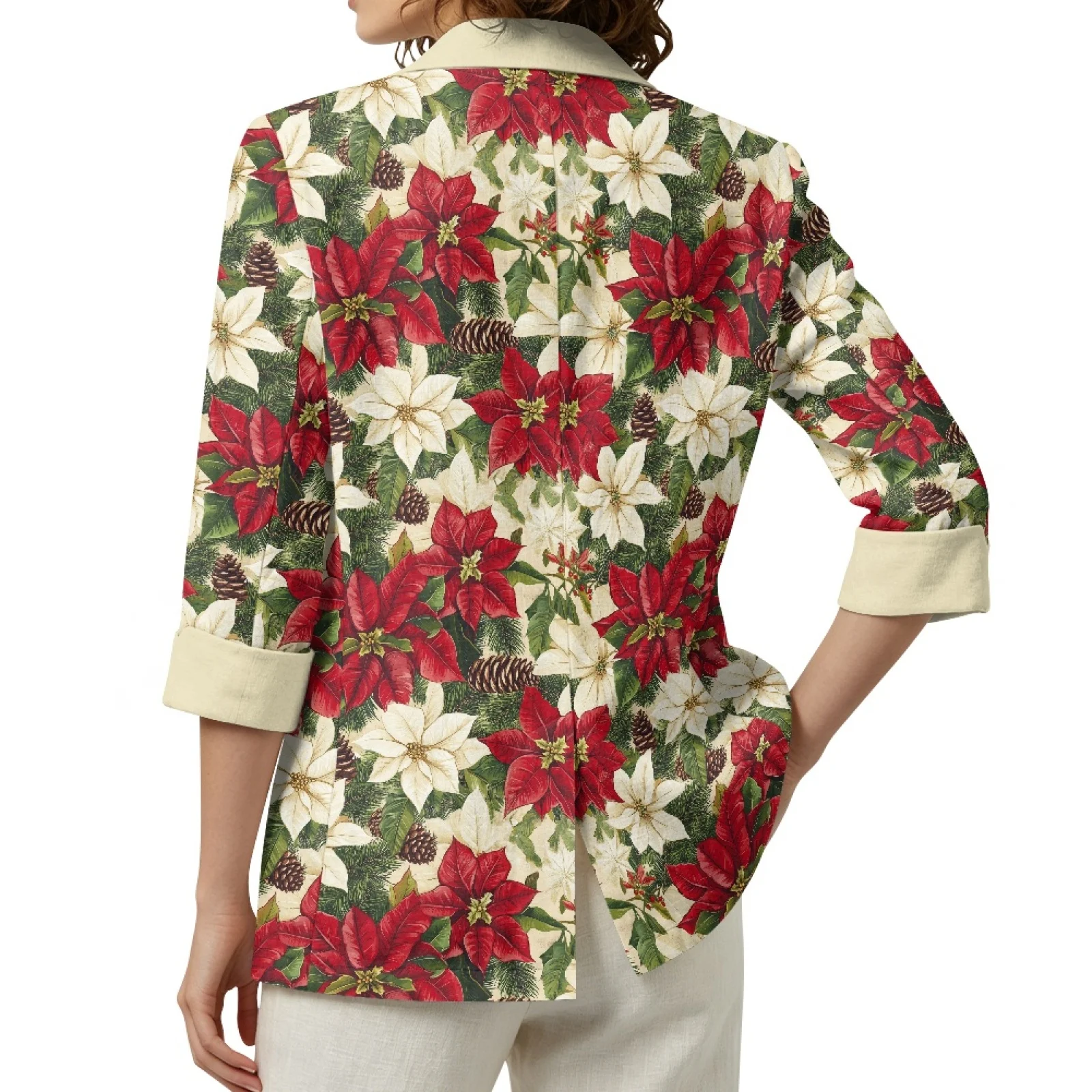 PENSTROLL Poinsettia Linen Style Outerwear Cover Up for Daily Wear 3/4 Sleeve Layering Piece Beach Cover Ups