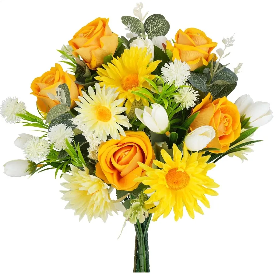 

Artificial Flowers for Cemetery Silk Rose Tulip Daisy Floral Arrangements Yellow Fake Flower Bouquet for Grave Vase Headstones