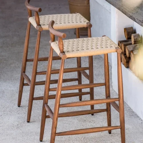 Home bar stool retro cafe solid wood high stool restaurant woven stool rattan bar chair