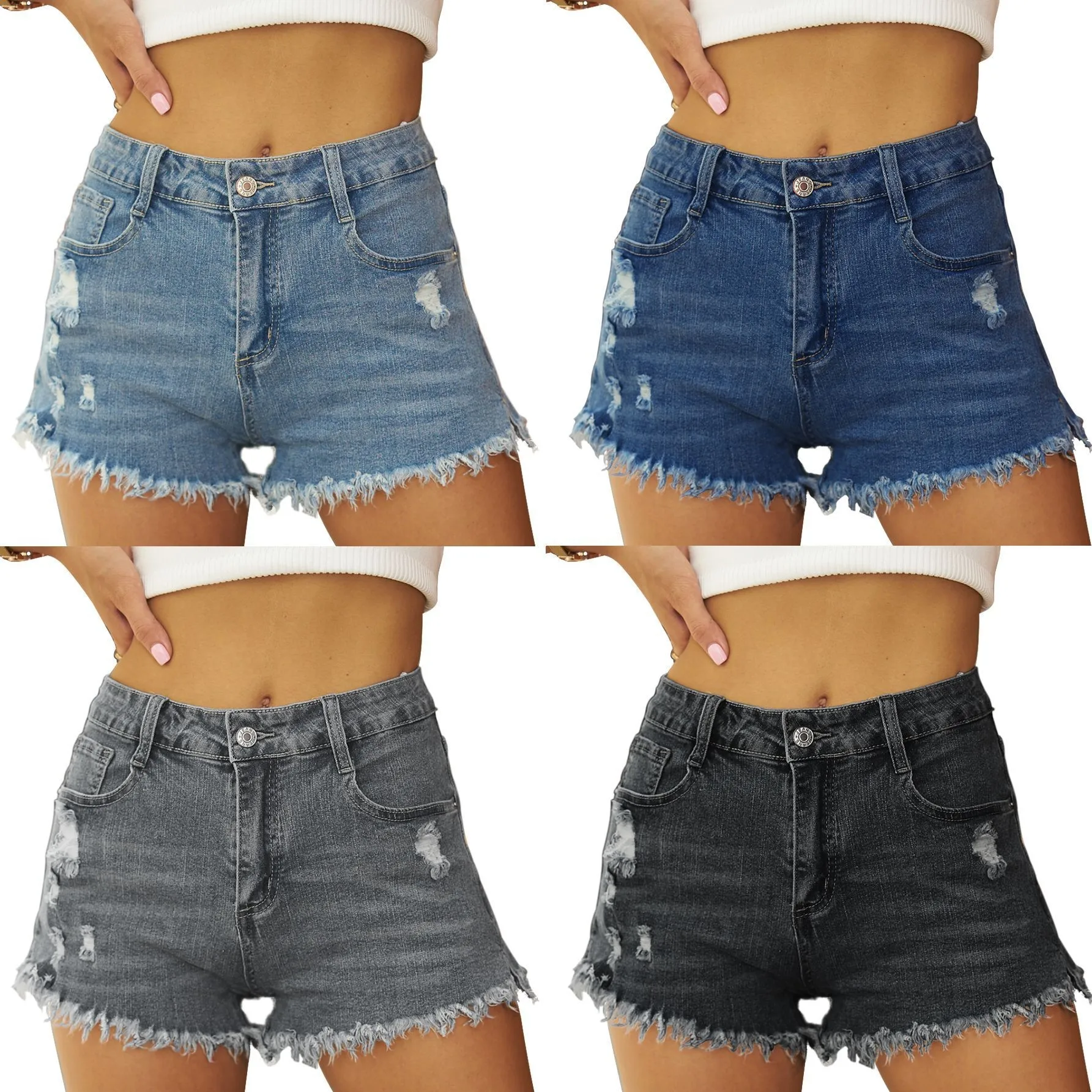 

Summer Women's Clothing Sexy Shorts Distressed Frayed Stretch Denim Short Streetwear Mid Rise Straight Leg Cut For Woman