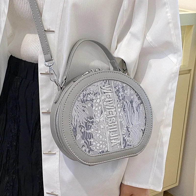 

2025 Trendy Embroidered Circle Bag Stylish Womens Crossbody Purse Minimalist Handheld Tote Premium Textured Shoulder Bag