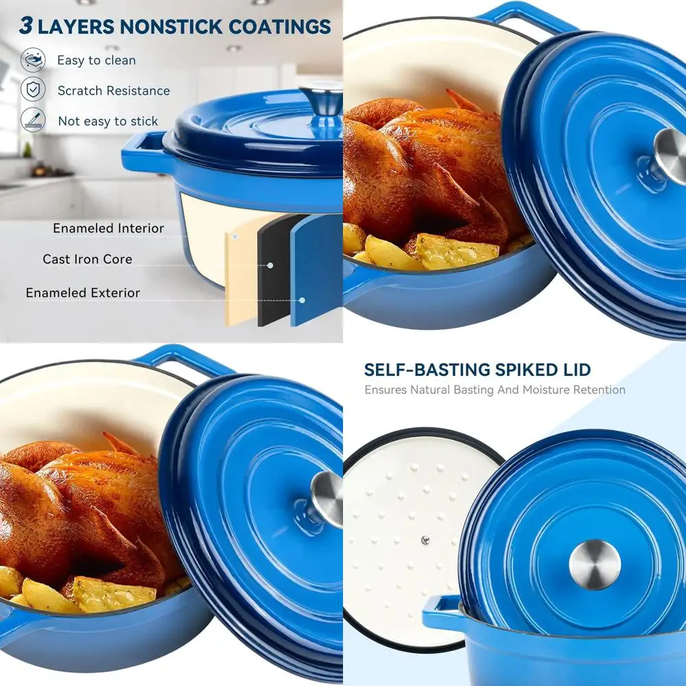 

6.5 Qt Cast Iron Enamel Dutch Oven, Blue, Dual-Handled, Non-stick for Baking & Cooking