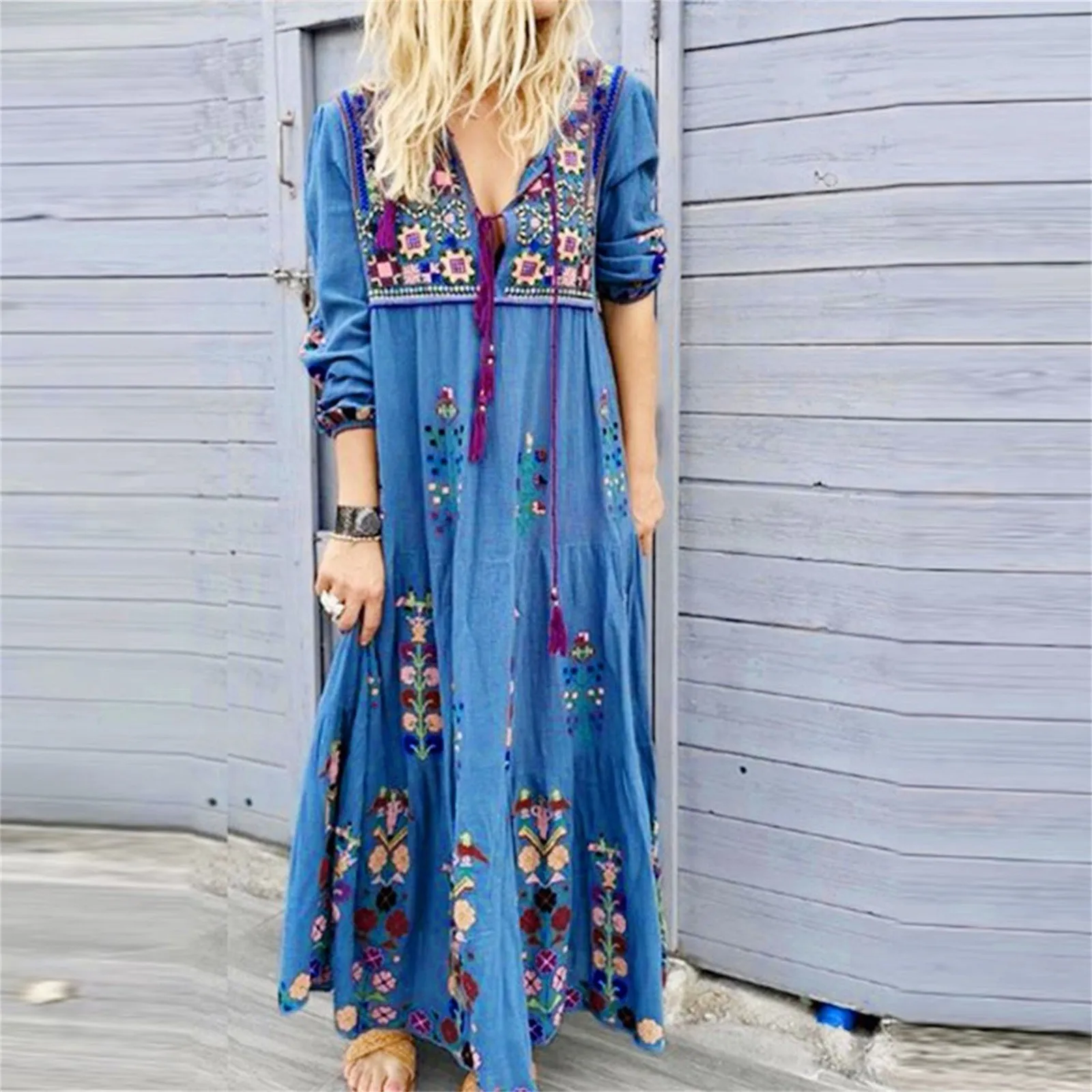 Women's Ethnic Style Printed Dress Spring And Summer V Neck Lace Up Boho Beach Holiday Dress Plus Size Loose Casual Maxi Dress