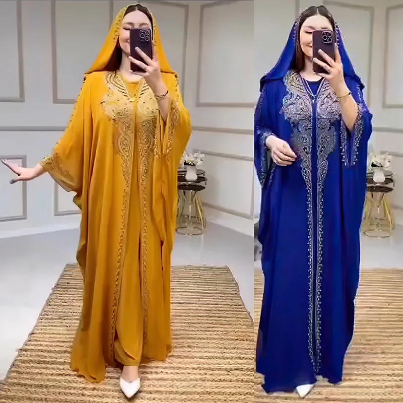 Diamond Beaded Museum Long Gown Large Women's Hooded Dress Black Hooded Muslim Arab Studded V-neck Long Large Hem Women's Robe