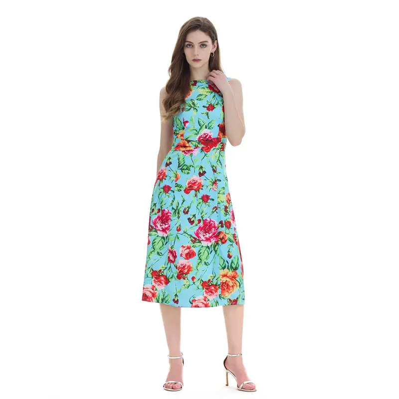 فستان بطبعة وردية بتصميم A-Line، خصر مرتفع، تنورة ميدي بتصميم مظلة، أنيق، بدون أكمام، من ألياف البوليستر، برقبة مستديرة.