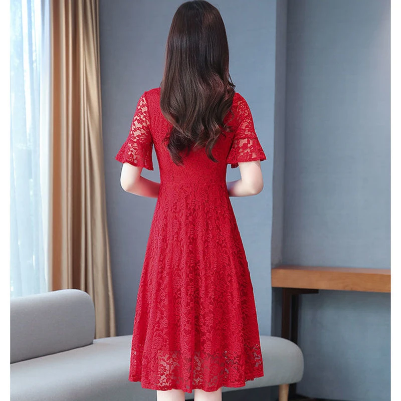 Elegant V-Neck Spliced Solid Color Flare Sleeve Prom Dress Women's Clothing 2024 Summer New Loose Office Lady Lace Dresses