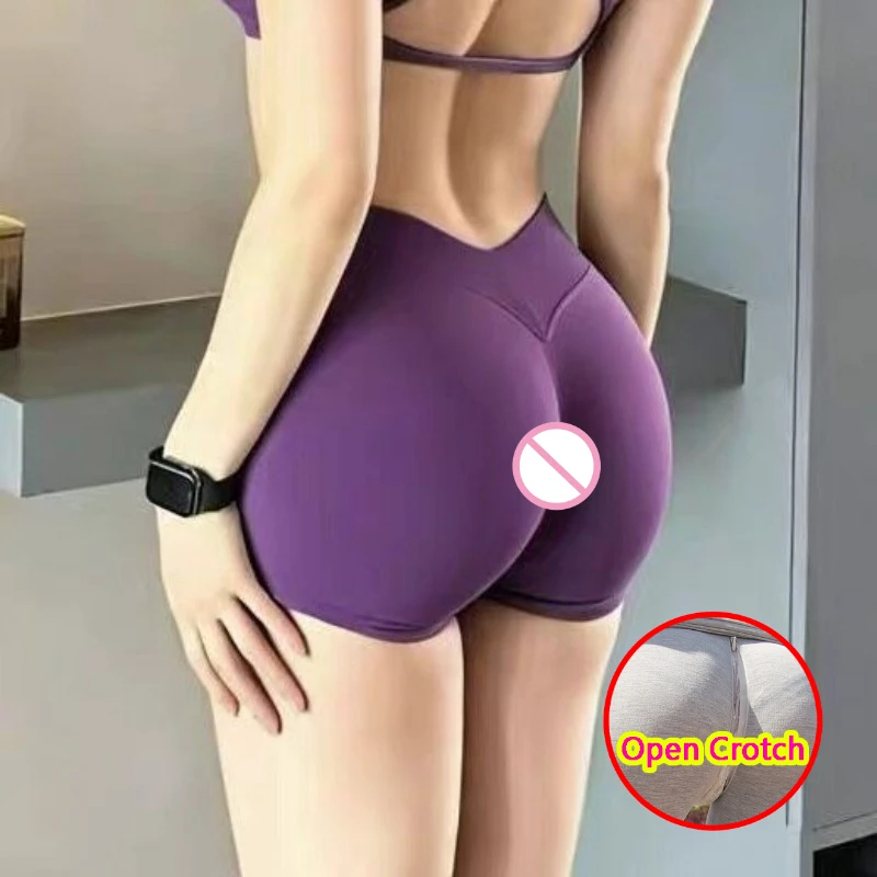 Women's Open Crotch High Rise V-Back Exercise Shorts Outdoor Exposure Play Gym Pants Push Up Butt Lifting Crotchless Trousers