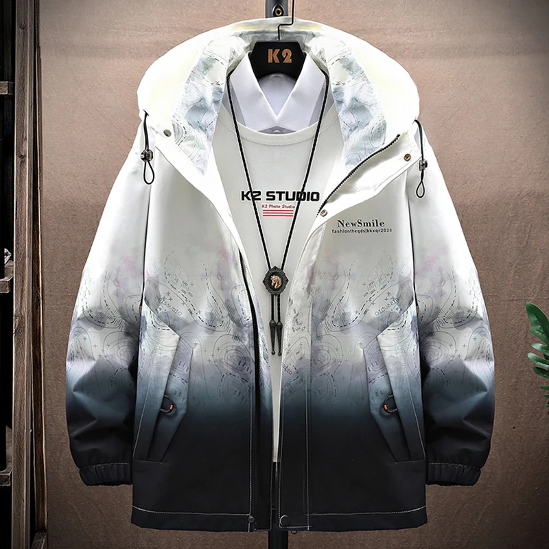 

Men's Faion Outerwear Casual adient Color Jaet Spring Autumn Loose Fit Hooded Zipper Closure Long Sve Youth Sle