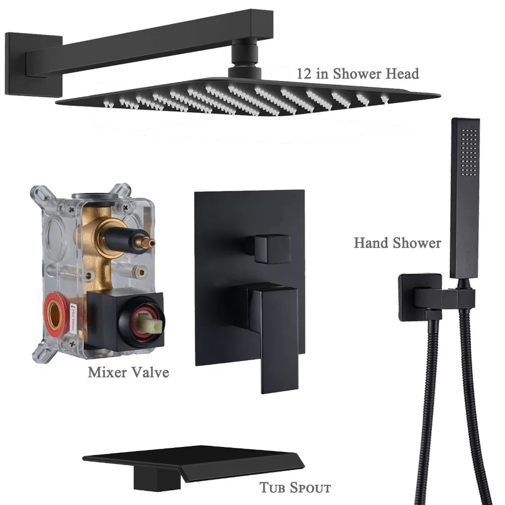 Sistema de juego de grifo de ducha negro con válvula, cabezal de ducha tipo lluvia, relleno de bañera combinado