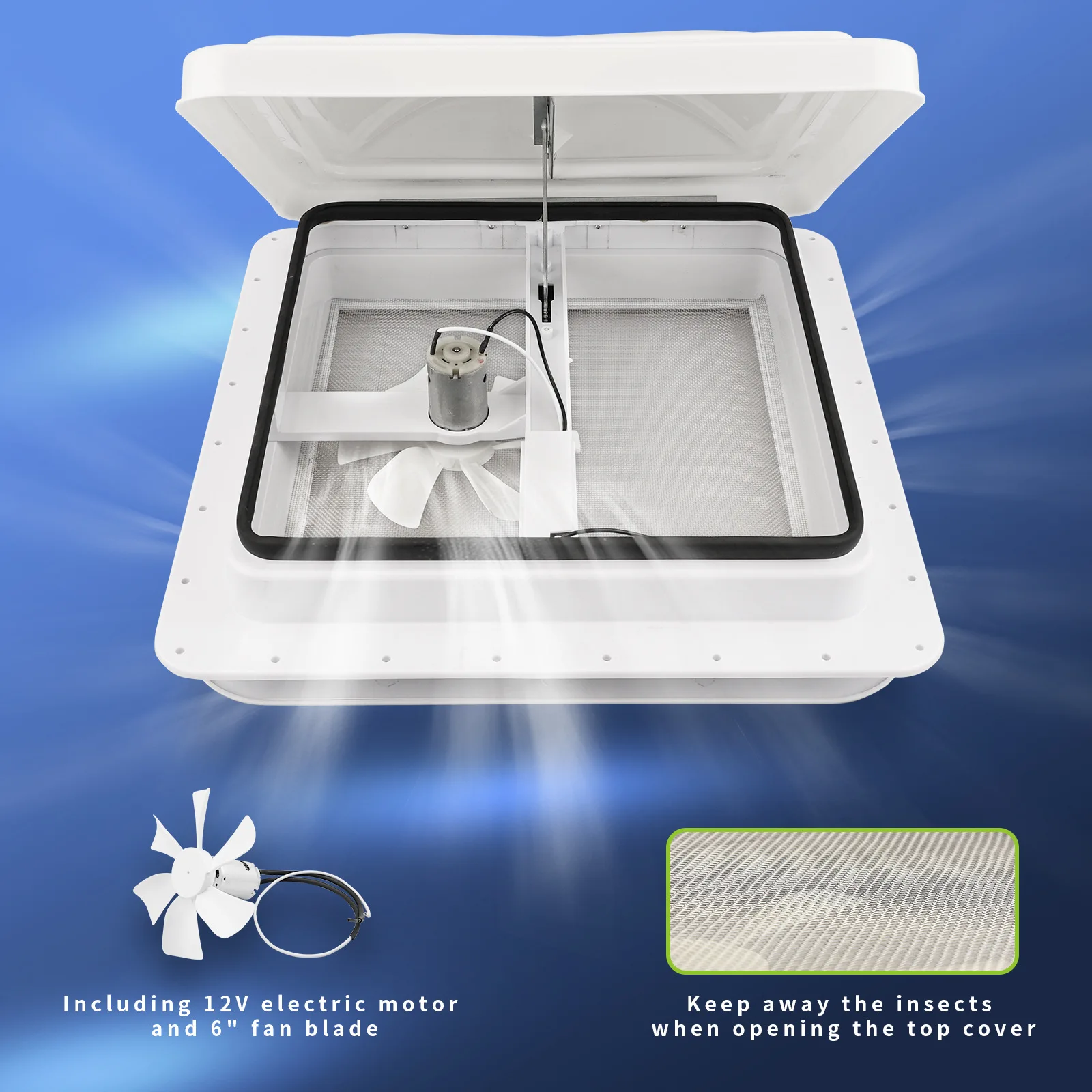 12V 350*350mm RV Roof Vent with Remote Control Single Fan Skylight Exhaust Fan White Lid for RV Camper Trailer Motorhome