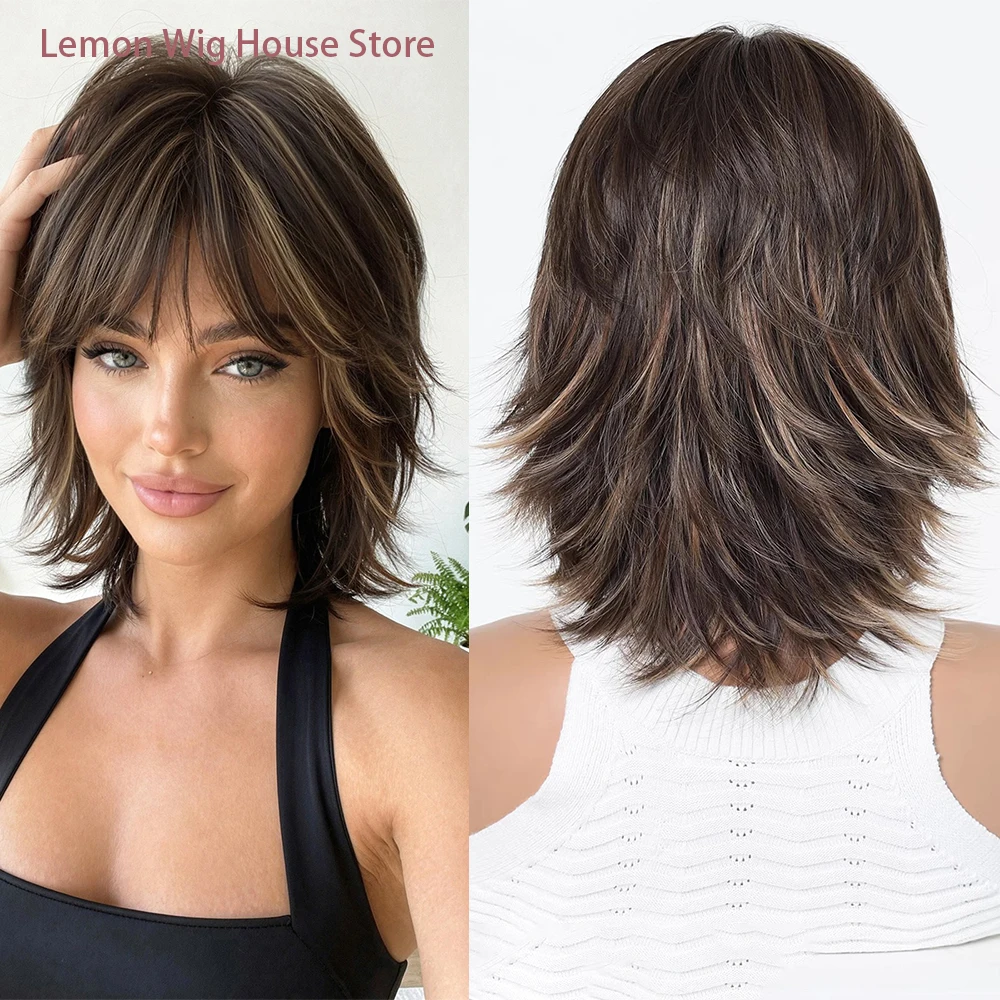 Shaggy Layered Short Synthetic Wig Dark Brown with Caramel Blonde Highlights Wolf Cut with Bangs Daily Women Wig Heat Resistant