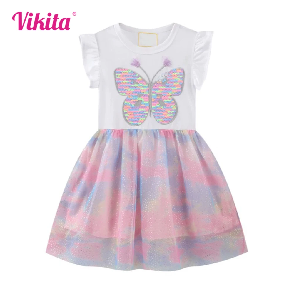 

VIKITA 2025 New Summer Girl Butterfly Sequined Appliqued Mesh Tulle Flare Sleeve Dresses Kids Birthday Party Casual Daily Frocks