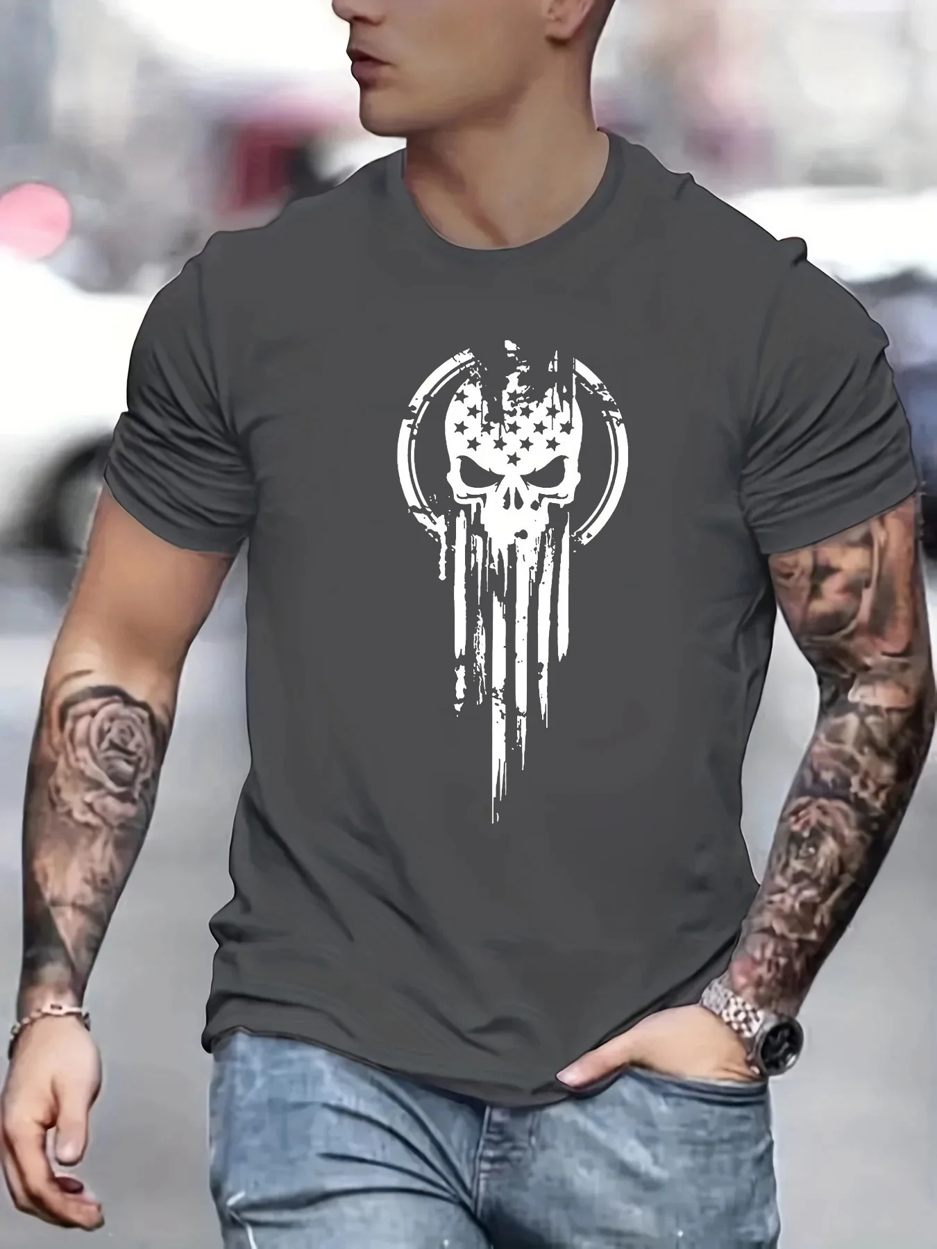 Men\'s Summer Loose Size 100% Cotton Skull Print Casual Slim Fit Round Neck Short Sleeve T-shirt Top O-neck Pactwork Casual T