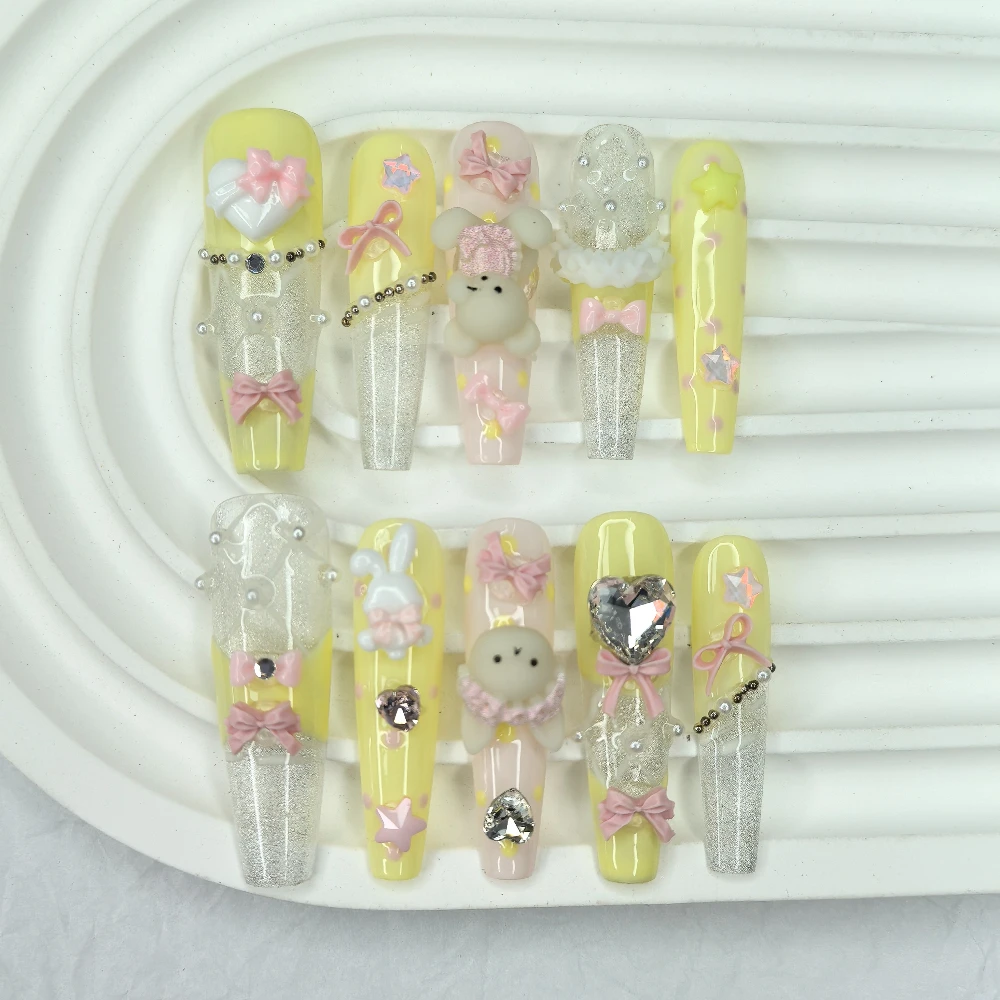 

10 шт. Kawai милый 3D медведь кролик блестящий крем желтый ручной работы пресс на ногтях лук звезда Лолита накладные ногти съемные многоразовые