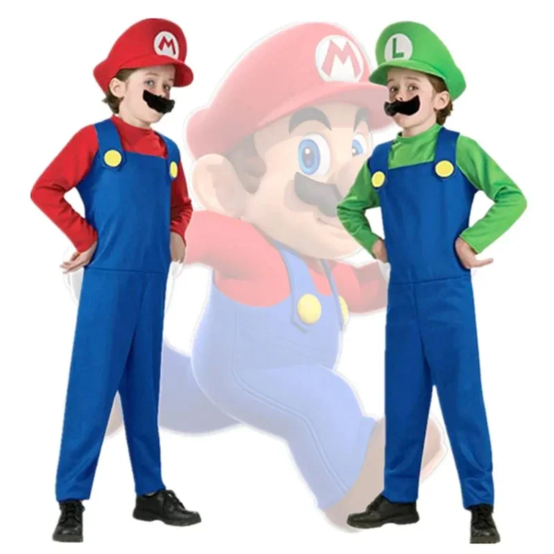 Child Anime  Brothers Luigi Bros Costume Kids Hat Beard Jumpsuit Halloween Kids Cosplay Costume Boys  Game Party Party Gift