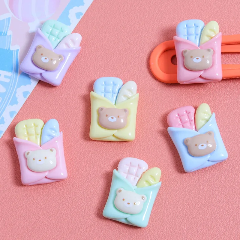 10Pcs Kawaii Teddy Bear Bread Resin DIY Shoes Hat Icebox Barrette Mobile Phone Case Scrapbook Cream Glue Flat Back Resin