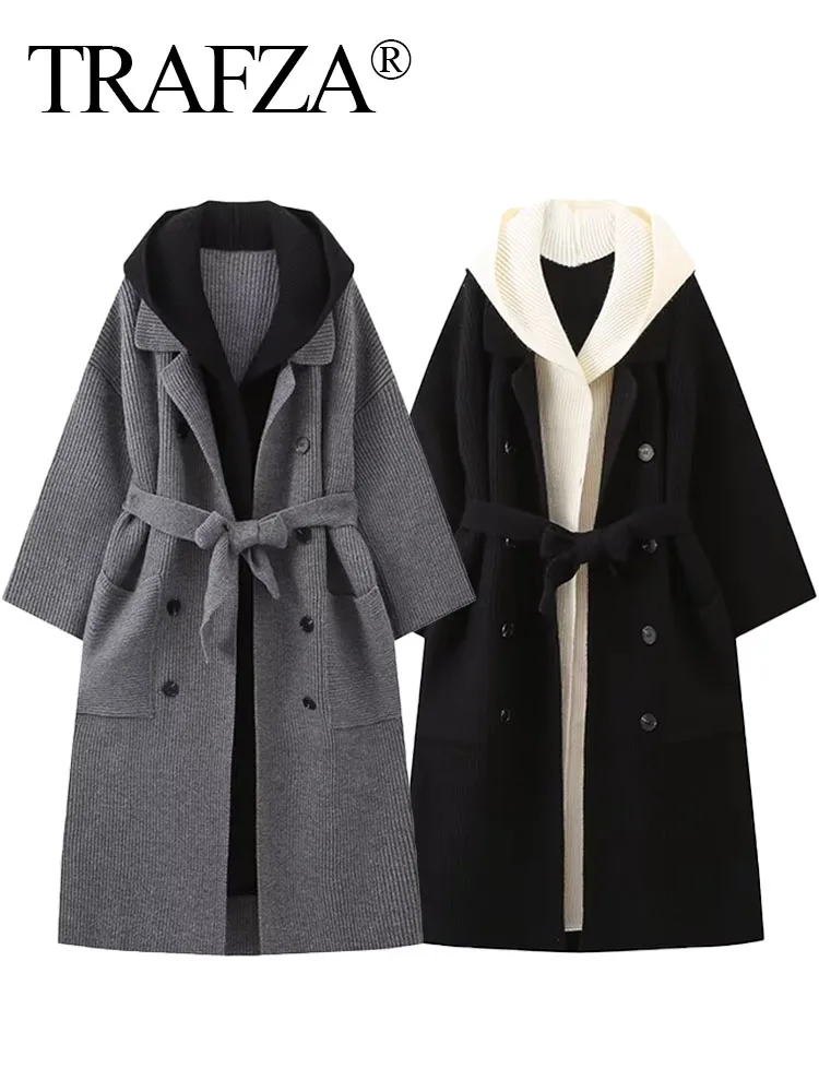 TRAFZA 2024 Female Casual Coats Solid Turn-Down Collar Long Sleeves Pockets Belt Double Breasted Autumn Coat Women Trendy