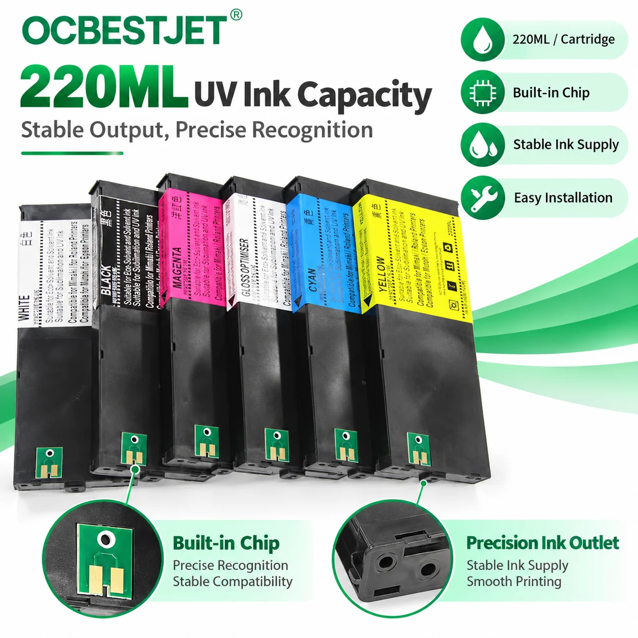 Wkład atramentowy ECO UV z 220 ml atramentu UV do Roland LEF-300 LEF-20 LEF-12 LEJ-640 LEC-540 LEC-330 (dostępne 7 kolorów) — zdjęcie produktu 6