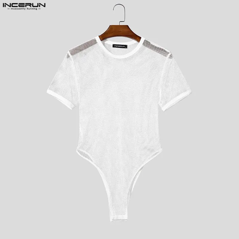 INCERUN Men Bodysuits Solid Color Mesh See Through O-neck Male Rompers Playsuits Streetwear Short Sleeve Sexy Bodysuit For Man