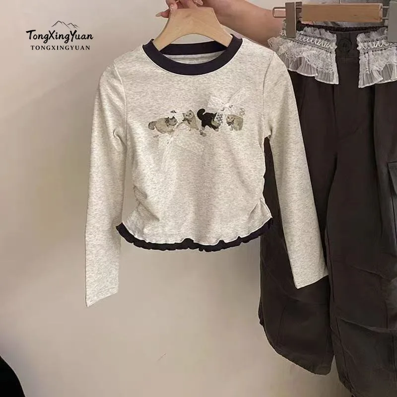 Girls Korean style suit children's spring and autumn clothes baby bow long-sleeved T-shirt butt curtain overalls suit