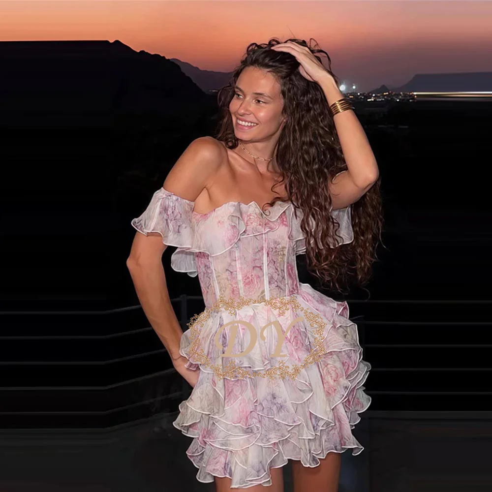 DY Maßgeschneidertes Blumenmuster Schulterfreies Rüschen-Minikleid Romantisches Mehrlagiges Kurzes Partykleid Strand Urlaub Abend Abschlussball Geburtstagskleid