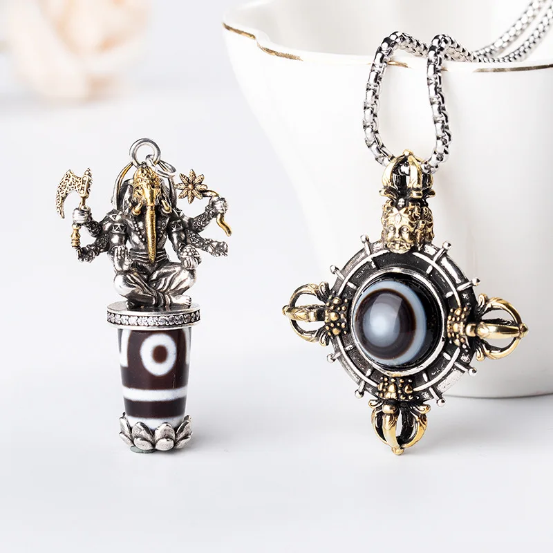 Gold‑Plated Copper Inlaid Dzi Bead Necklace Natural Agate One‑Eye Goat‑Eye Mahakala Six‑Arm Elephant God Pendant Decor Jewelry