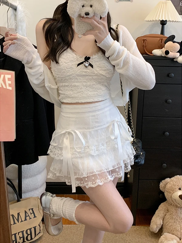 Ballet Style White Lace Short Skirt Women's Summer New Fairy Pure Desire Puffy Half-length Skirt Korean High-waist A-line