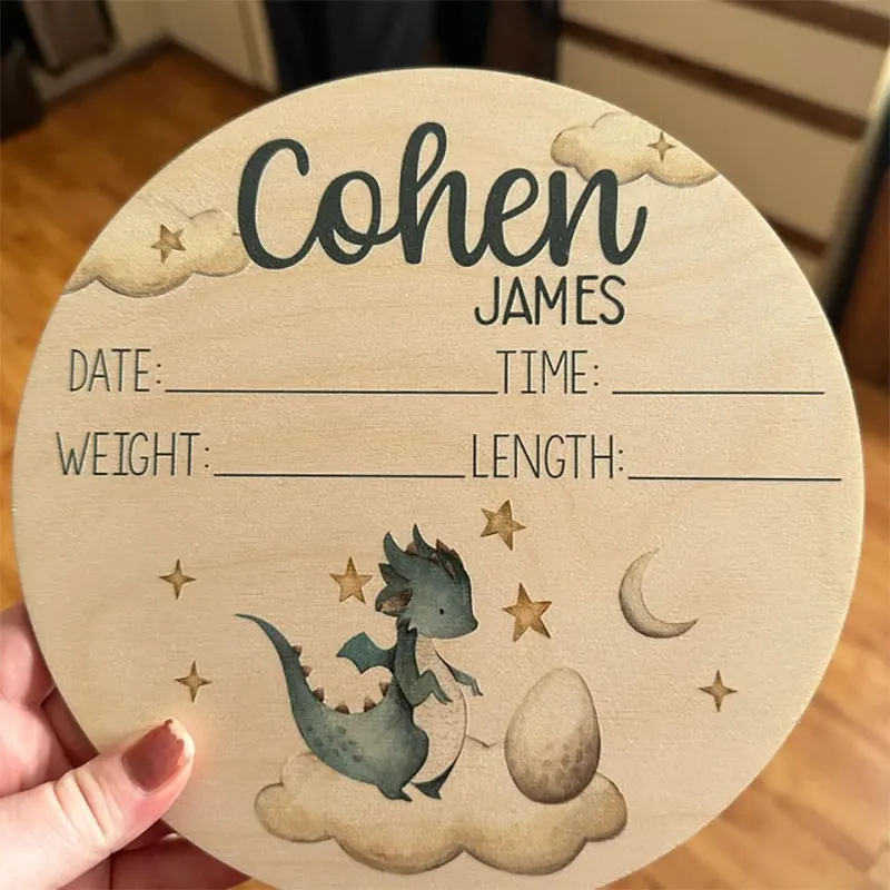 Personalisiertes Geburtsstatistiken-Schild aus Holz mit Namen für Babys, Drachen-Geburtsankündigung, personalisiertes Geschenk zur Babyparty