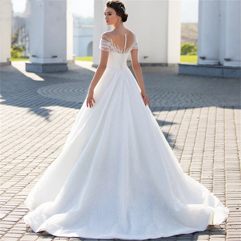 Shiny Off The Shoulder Wedding Dress For Bride Elegant Glitter Lace A-Line Bridal Gown Illusion Pleats Robe De Mariée